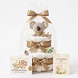 Windeltorte Mädchen & Junge mit Koala Greifling - Boho Vintage [Handmade] – Baby Geschenk zur Geburt mit Koala-Greifling, Premium Windeln & Bio-Tee – Windeltorte Neutral & für Babyparty