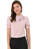 Allegra K Damen Kurzarm Panel Fliege Hals Rüschen Einfarbig Top Bluse Rosa M