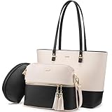 LOVEVOOK Handtasche Damen Shopper Schultertasche Blau Umhängetasche Geldbörse Tragetasche Groß Tasche Tote für Büro Schule Einkauf Reise Leder 3-teiliges Set, Beige-schwarz