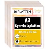 Creative Deco 10 x A3 Sperrholzplatte 3mm | 420 x 300 (+/- 0,5) mm | Birkensperrholz Dünne Holz-Zuschnitte | Perfektes Blatt für Laubsäge, Brandmalerei, Laserschnitt, CNC Router, Durchbrochenes