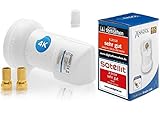 [ Test 2X SEHR GUT ] Anadol Gold Line Single LNB 0.1dB Digital für 1 Teilnehmer Direkt Anschluss 1fach Full HD TV 3D 4K + Kontakte vergoldet + Wetterschutz im Set mit 2 F-Stecker vergoldet GRATIS