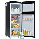 Merax Kühlschrank mit Gefrierfach, Kühl-Gefrierkombination, 92L Doppeltür Kühlschrank, mit 28L Gefrierschrank, 45dB, LED, Glasablagen, Gemüsefach, Türablagen, für Küche, Wohnzimmer, Büro, Schwarz
