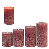 Candelo 4er Set Rustik Kerzen Weihnachten - Adventskranz Kerze Rustic - Farbe Bordeaux Dunkelrot - 8/10/12/14cm - Stumpenkerze Advent Weihnachtskerze