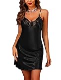 Marvmys Satin Nachthemd Damen Kurze Sexy Negligee mit Spitzen V-Ausschnitt Schlafshirt Nachtkleid Unterkleid für Frauen A-Schwarz L