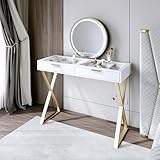 FABS Jess Schminktisch mit Maisie Touch-Sensor, Spiegel, LED-Licht, 3 Farbeinstellungen, 2 Schubladen, Glasplatte, X-förmig, goldfarbene Metallbeine, moderne Schminkkommode, Schmuckaufbewahrung,
