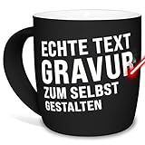 Tasse mit Gravur selbst gestalten - mit eigenem Spruch oder Wunschname gravieren - Keramiktasse außen gummiert - Schwarz, 300 ml