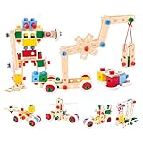 Bino Baukasten im Eimer, Spielzeug für Kinder ab 3 Jahre, Kinderspielzeug (Konstruktionsspielzeug, 120 teilig, zum Bauen von allerlei Konstruktionen, Motorikspielzeug aus Holz), Mehrfarbig