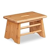 Relaxdays Fußbank Bambus, bis 100 kg, Stabiler Tritthocker, HBT: 20x33x21,5 cm, Kinderhocker Bad, Griff, Hocker, Natur