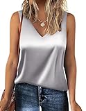 Zeagoo Damen Sommer Casual Satin Tank Tops V-Ausschnitt Ärmellose Blusen Seidenbluse Oberteile Tunika Shirts Grau L