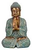 Geschenkestadl Buddha Figur groß 41,5cm türkis Gold Betende Hände, 881358