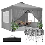 TOOLUCK Pavillon 3x3m Wasserdicht Stabil Winterfest Faltpavillon Partyzelt Gartenpavillon mit Entlüftung, 4 Seitenteilen, 4 Sandsack, Höhenverstellbar, Pop up Faltbar Gartenzelt, Grau