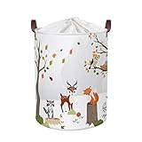 Clastyle 45L Weißer Wäschekorb Baby mit Waldtieren, Füchse, Rehe, Waschbär, Vogel - Rund Wäschekorb Kinder für Kinderzimmer - Perfekt Aufbewahrungskorb zum Aufbewahren von Spielzeug, 36x45 cm