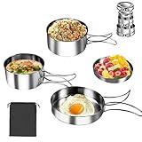 QINERSAW 4er Set Edelstahl Camping Kochgeschirr Outdoor Topf Camping Kochtopf Outdoor Topfset Camping Kochset Outdoor Geschirr Camping Kochtopf für Wandern Picknick Faltbar Camping Pfanne Stapelbar