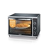 SEVERIN Back- und Toastofen mit Umluftfunktion, Mini Backofen mit Grillrost, Backblech, Drehspieß und Pizzastein, vielseitiger Heißluftofen mit 42 L Kapazität, 1.800 W, schwarz, TO 2058