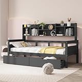 Generisch Schlafsofa 90x200 cm mit Lattenrost, Schubladen & Regalen – Multifunktionales Massivholz-Einzelbett als platzsparendes Kinderbett, Jugendbett oder Gästebett in Grau/Weiß (205x96x125 cm)
