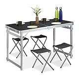 Relaxdays Campingtisch Set, klappbar, 4 Stühle, Klapptisch Camping, höhenverstellbar, 120 x 60 cm, Alu, MDF, silber/grau