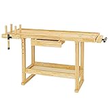 Werkbank 145x49x86cm aus Holz (Rubberwood) mit Schublade, Ablagemulde, Spannzangen und Bankhaken