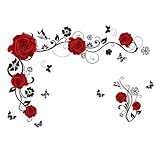 Wandaufkleber Blumen Wandaufkleber Rot Rosen Blumenranke Schmetterling Wandsticker Wandaufkleber Wohnzimmer Selbstklebend Blumen für Schlafzimmer Küche Wall Art Hochzeit Valentinstag Dekorationen