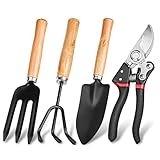 Jessonly Gartenwerkzeug Set mit Gartenschere, Schaufel, Handgabel und Handrechen, 4 teiliges Gartenset mit rutschfesten Holzgriffen, Bonsai Starter Set aus Edelstahl