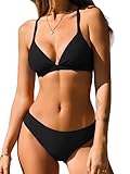 CUPSHE Damen Bikini Set Triangel V Ausschnitt Low Waist Lace Up Bademode Zweiteiliger Badeanzug Swimsuit Schwarz M