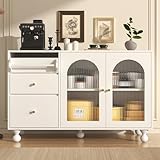 Merax Buffetschrank Weiss, Sideboard 120cm breit, Küchenbuffet mit 2 Glastüren 3 Schublade und Handtuchhalter, für Küche Esszimmer Wohnzimmer, Weiß, 120x40x75,5 cm