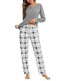 Litherday Pyjama Damen Lang Schlafanzug Kariert Nachtwäsche Winter Pyjama Set aus Baumwolle Zweiteiliger mit Taschen Rundhals Sleepwear für Herbst, Hellgrau, M