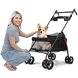 Haustier-Kinderwagen mit 4 Rädern für kleine mittelgroße Hunde und Katzen bis zu 10 kg, zusammenklappbarer Reise-Jogger-Kinderwagen verstellbarem Griff, atmungsaktiv, sichtbares Netz, Schwarz