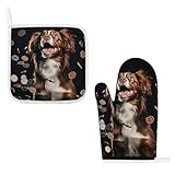 Ofenhandschuhe und Topflappen mit Hund und Münzen, 2er-Set, unverzichtbar für die Küche, Backhandschuhe mit stilvollem Druck, hitzebeständige Ofenhandschuhe zum Kochen, Grillen, Einweihungsgeschenke