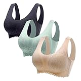 3er Pack Damen BH Ohne Bügel Up Nahtloser Komfort Sport BH Gepolsterter Spitzen BH Weicher Stretch Bustier Mittlerer Halt Bügelloser Schlaf BH Klassisches Top Für Jeden Tag Und Unterwäsche (A, XXL)