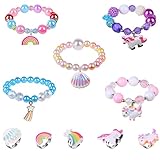 Aucuu 10 Stück Einhorn Armband Ring Set Mädchen Bunte Regenbogen Einhorn Perlen Armband mit Verstellbaren Ringe für Mädchen, Kinder für Geburtstagsfeier Gefälligkeiten Geburtstag Zubehör