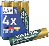 VARTA Batterien AAA, wiederaufladbar, 4 Stück, Power on Demand Recharge Accu, Akku, 800 mAh Ni-MH, ohne Memory Effekt, vorgeladen, in umweltschonender Verpackung, sofort einsatzbereit