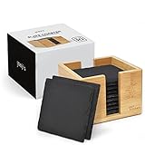 Joeji's Kitchen 10er Set Stein Schiefer Untersetzer für Getränke mit Bambus Halter - Hitzebeständige und stylische Getränke - Vielseitige Schwarze Glasuntersetzer Schiefer für Getränke, Öl & Vasen