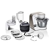 Bosch Küchenmaschine Serie 4, integrierte Waage, Mixer 1,25 L, Edelstahl-Schüssel 3,9 L, Profi-Knethaken, Schnee-, Silikonbesen, Durchlaufschnitzler, 4 Scheiben, 1000 W, weiß, MUM5XW20