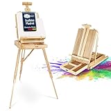 Artina Staffelei Holz Groß Leinwand bis max. 100cm Madrid – Malerstaffelei mit 90° Neigung - Tischstaffelei Kofferstaffelei mit integriertem Malkoffer & Holzpalette – Vielseitige Holzstaffelei
