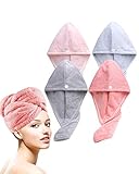 Lumimi 4 Stück Set Haarturban Kopfhandtuch aus Mikrofaser Weich Angemehm Extra Saugfähig Schnelltrocknend Praktisch mit Knopf Geschenk Rosa Grau Hellrosa Hellblau