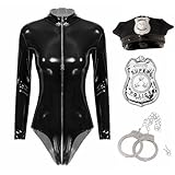 Kaerm Damen Lack Leder Body Sexy Langarm Stehkragen Catsuit Reißverschluss Trikot Mit Polizeimütze Abzeichen Und Handschellen Cosplay Outfit Schwarz XL