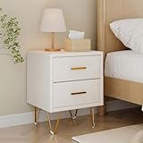 Nachttisch 2er Set 49x29x47cm, Kleiner Nachtschrank mit 2 Schublade, Nachttisch Modernes Design mit Goldene Griffe und Schrankbeine,Bett Kommode für Schlafzimmer,Wohnzimmer (Weiß-PU, 2 Schubladen)