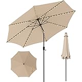 GOPLUS Sonnenschirm 300 cm mit LED-Solarleuchte, Balkonschirm mit Kurbel Knickbar, Gartenschirm Marktschirm Terrassenschirm für Balkon, Garten, Terrasse, Strand (Beige)