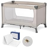 hauck Baby Reisebett Set Dream N Play mit extra Alvi Komfort Matratze und Moskitonetz - faltbares Kinder Babyreisebett mit Tasche - Beige