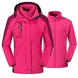 donhobo Damen Ski 3-in-1-Jacke 2 Stück Outdoor Wasserdicht Winddicht Winterjacke Doppeljacke Regenjacke Fleecejacke Wanderjacke Rosarot XL