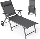 GIANTEX Sonnenliege Mobile Gartenliege mit Rollen, klappbarer Liegestuhl mit 7-Fach Verstellbarer Rückenlehne & Abnehmbarem Kopfkissen, Relaxliege bis 150 kg belastbar, Outdoor-Liege aus Aluminium