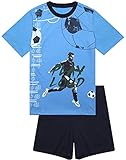 Jungen Schlafanzug kurz, weicher Single-Jersey aus 100% Baumwolle und Hose in Bermuda Form - mit Fussball Motiv Play Loud, in blau Grösse 140