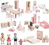 Giant bean Puppenhaus Möbel Set aus Holz, 36 Teilig, Möbel mit 4 Familienpuppen, Puppenhaus Zubehör, Spielmöbel, Spielzeug für Jungen, Mädchen und Kleinkinder ab 3 Jahren, Rosa