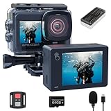 Apexcam X80Pro mit 64G Karte Action Cam 4K60FPS 48MP mit Doppelbildschirme EIS Stabilisierung WiFi Sportkamera Unterwasserkamera 40m Wasserdicht 8X Zoom Fernbedienung 2x1350mAh Akkus mit Zubehör-Set