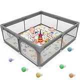 Palopalo Laufstall Baby 127x127cm, Laufgitter für Babys und Kleinkinder, Laufgitter Baby mit Reißverschlusstür und Atmungsaktivem Netz, Laufstall 300D Oxford Geweb, Dunkelgrau