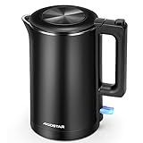 Aigostar - Edelstahl Wasserkocher, 1,8 Liter Doppelwand Design, Edelstahl Wasserkessel mit Automatischer Abschaltung, 2200W, Überhitzungsschutz, Schnellkochfunktion, BPA frei, leise, schwarz