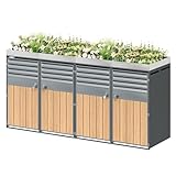 ACAGALA Mülltonnenbox mit Pflanzendach | Mülltonnenhaus 4er 120-240 Liter aus Edelstahl | Müllbox mit Lamellen | Ablauf | Belüftungslöcher | Abschließbar | Holzoptik