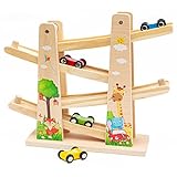 Holz Car Rampe|Kugelbahn Holz Zick-Zack-Autorutsche|Kleinkindspielzeug Holzrennbahn mit 4 Holzautos für jährige Jungengeschenke 1 2 3 4 (Forest)