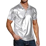 Qimsuuy Herren Langarm Pailletten Kleid Glitzer Hemd 70er Disco Party Kustüm Herren Gemustert Golden Glänzend Slim Fit Stehkragen Mit Knöpfen Freizeithemd