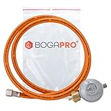 BOGAPRO Set aus Propangasschlauch 150 cm und Gasdruckregler 50 mbar, Druckminderer Gas 1/4' Linksgewinde, Gasschlauch und Druckregler inkl. Polybeutel, Polyvinylchlorid (PVC)